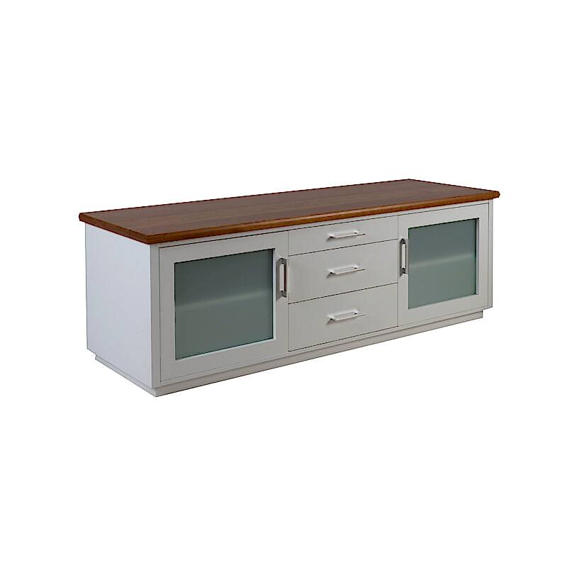 Custom TV Unit with White painted front, Glass cupboard & Wood Top