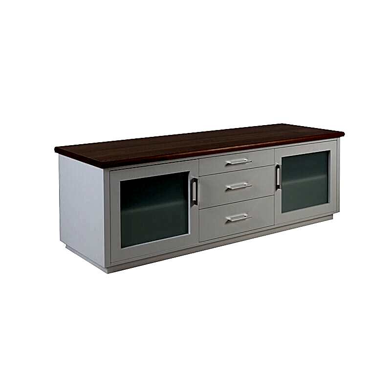 Custom TV Unit with White painted front, Glass cupboard & Wood Top