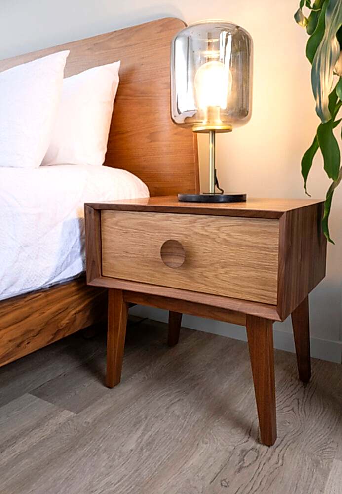 South Australian Made Dan Bedside Table Solid Timber American Oak and Walnut with a light on top.