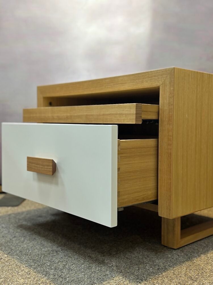 Adelaide, South Australian made oak timber bedside table with drawer and hidden shelf. Side view of Drawer and Shelf