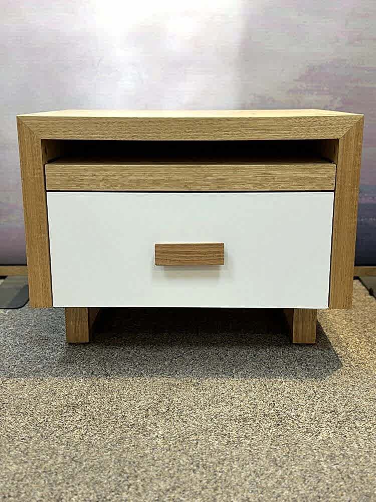 Adelaide, South Australian made oak timber bedside table with drawer and hidden shelf. Front view