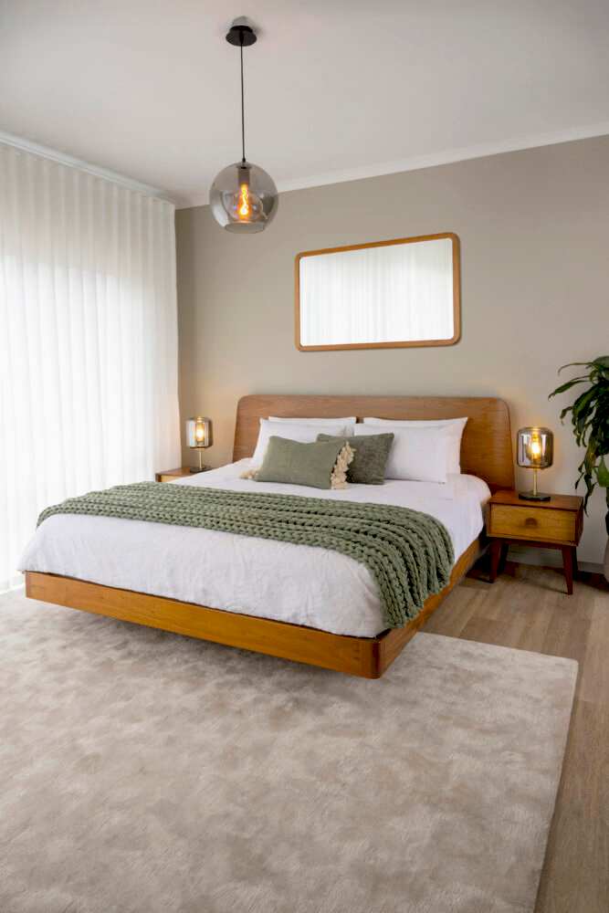Adelaide, South Australian made solid walnut timber floating bed with curved bedhead. View of front