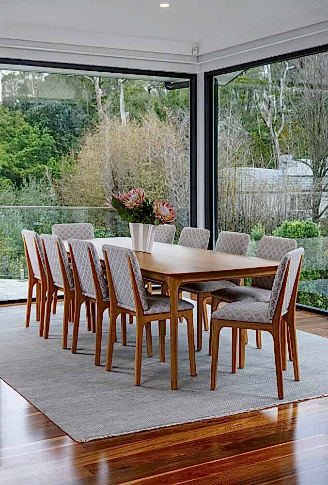 Adelaide, South Australian made solid American Oak timber upholstered chairs and dining table.