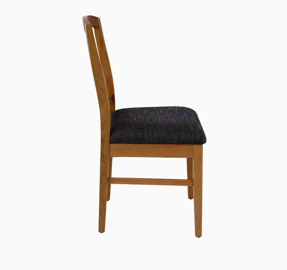 Adelaide, South Australian made solid timber Aldgate dining chair with a slatted back, view of side.