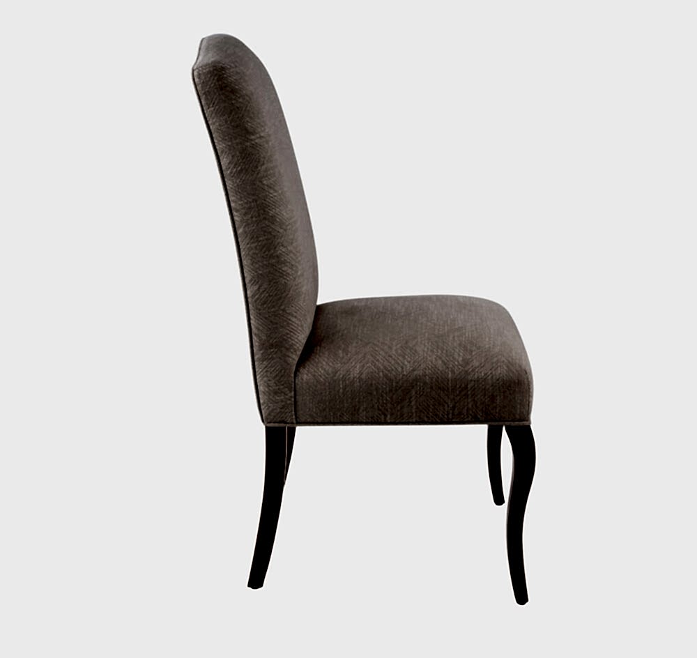 Adelaide, South Australian made solid timber traditional Bordeaux dining chair upholstered in neutral, view of side.