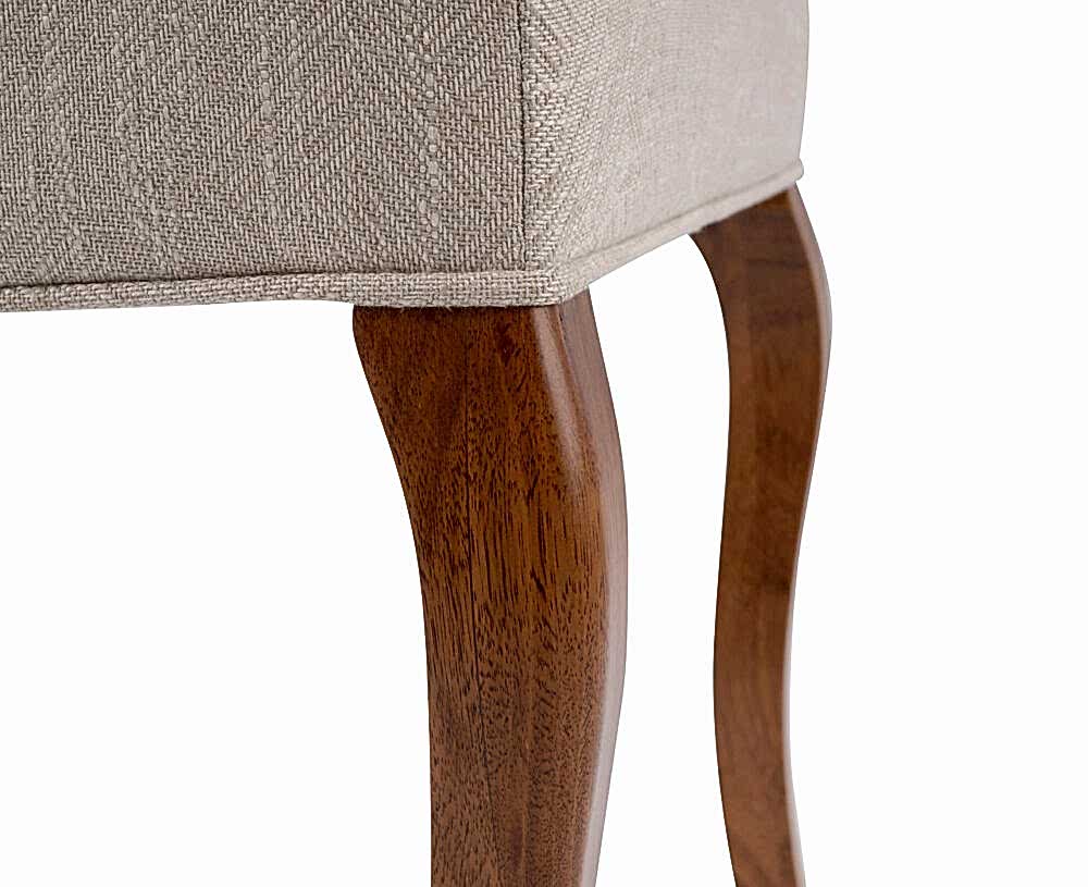 Adelaide, South Australian made solid timber traditional Bordeaux dining chair upholstered in neutral, view of leg detail.