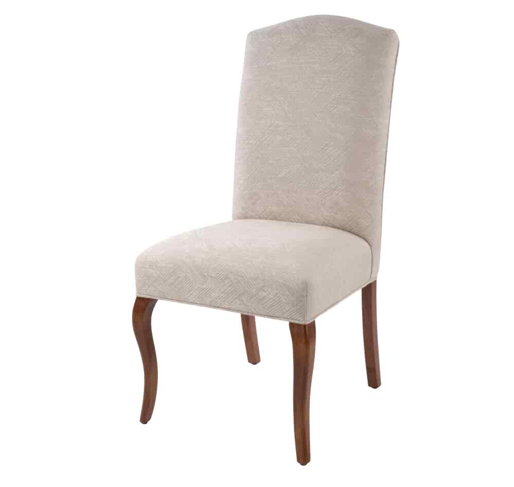 Adelaide, South Australian made solid timber traditional Bordeaux dining chair upholstered in neutral, view of front.