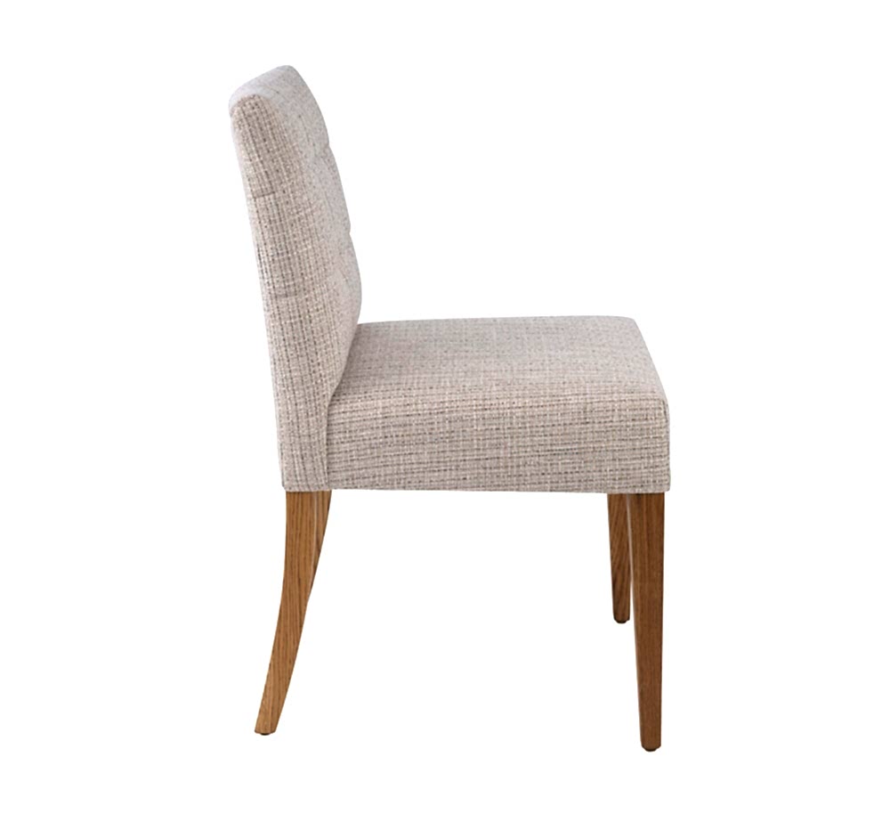 Adelaide, South Australian made solid timber Henley dining chair upholstered in fabric, view of side.