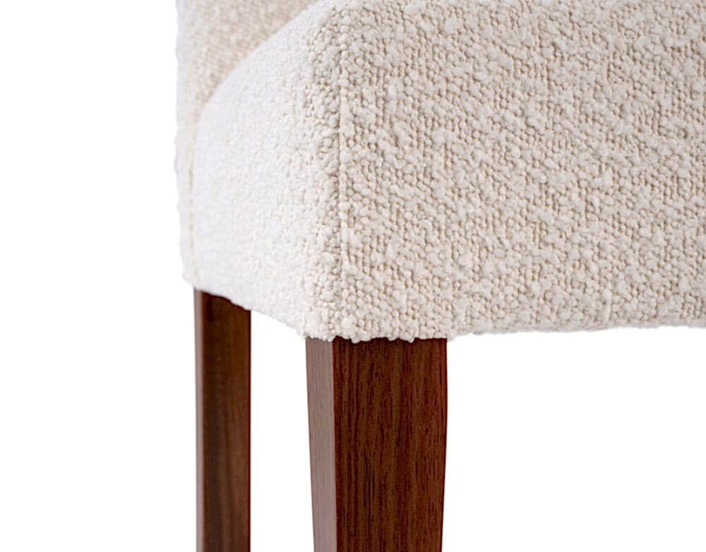 Adelaide, South Australian made solid timber McLaren dining chair upholstered in white fabric, view of detail.
