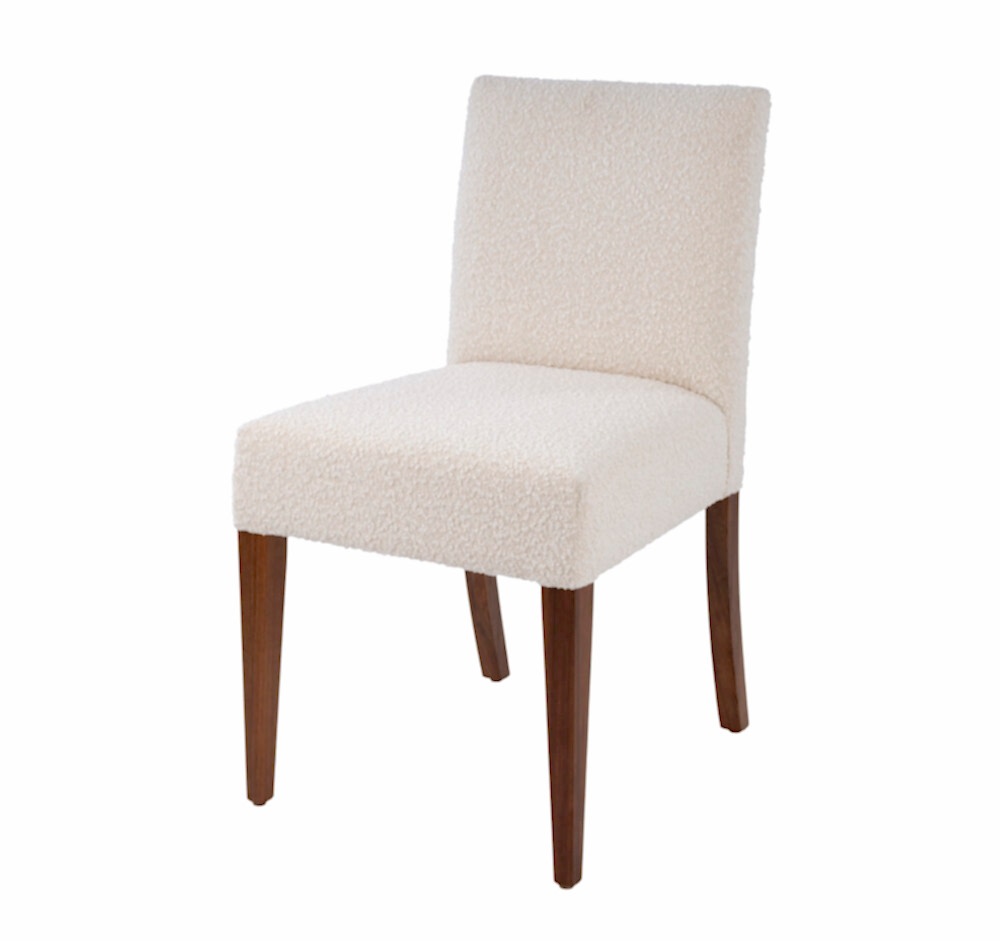 Adelaide, South Australian made solid timber McLaren dining chair upholstered in white fabric, view of front.