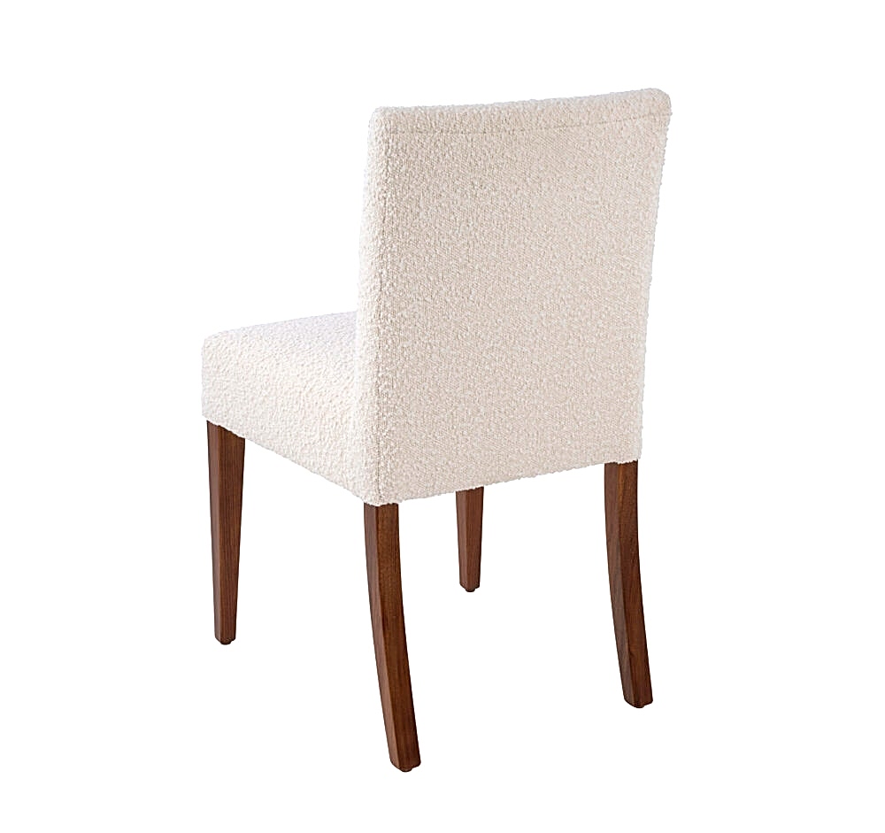 Adelaide, South Australian made solid timber McLaren dining chair upholstered in white fabric, view of back.