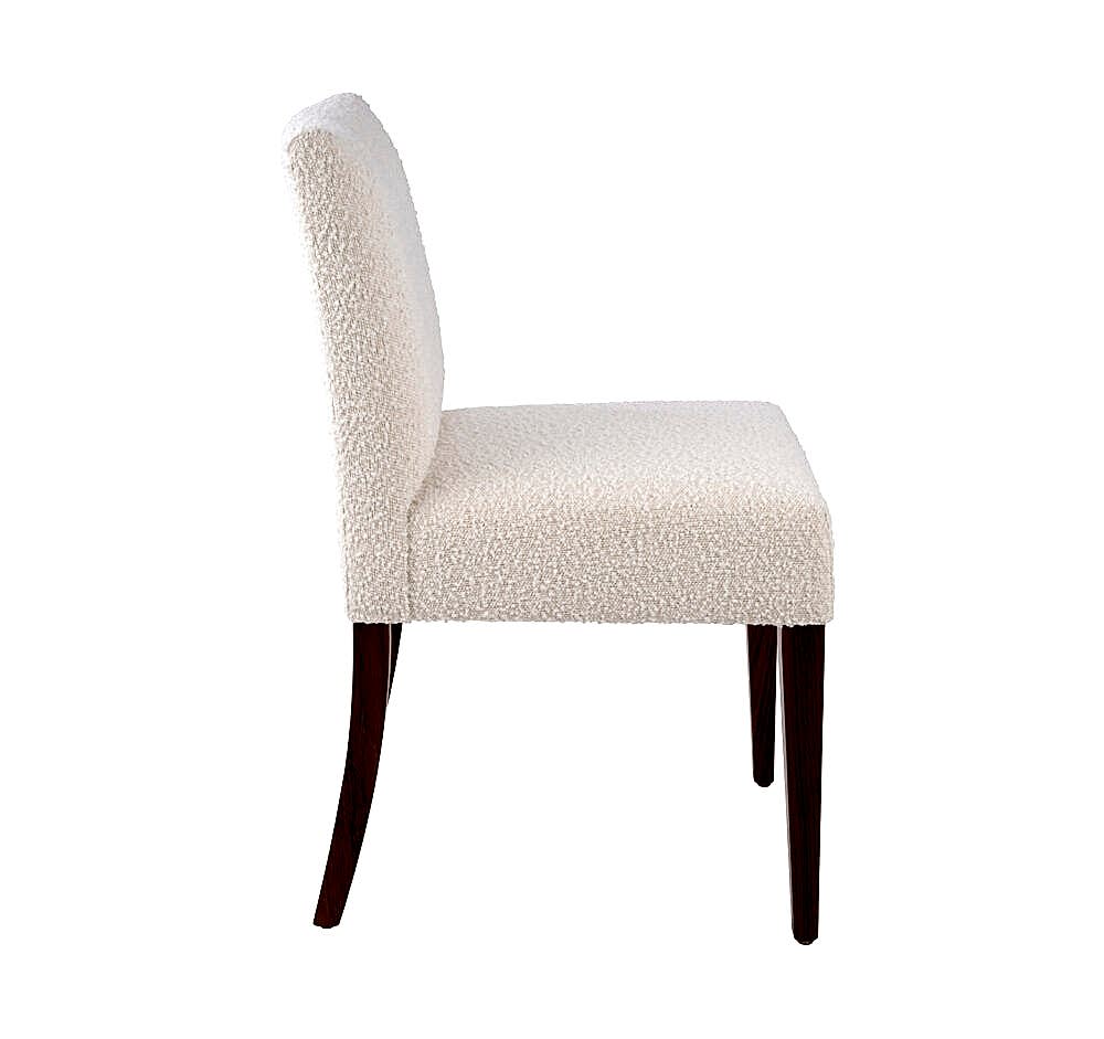 Adelaide, South Australian made solid timber McLaren dining chair upholstered in white fabric, view of side.