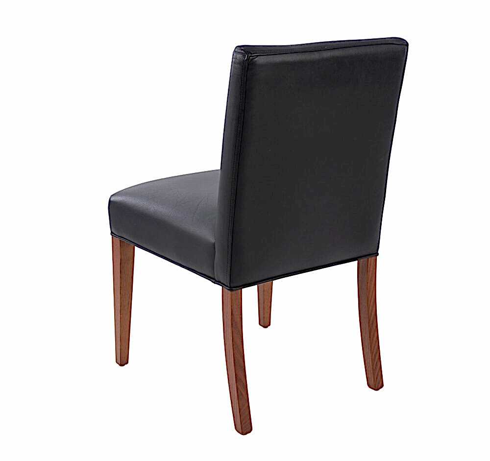 Adelaide, South Australian made solid timber Leone Low Back premium dining chair upholstered in black leather, view of back.