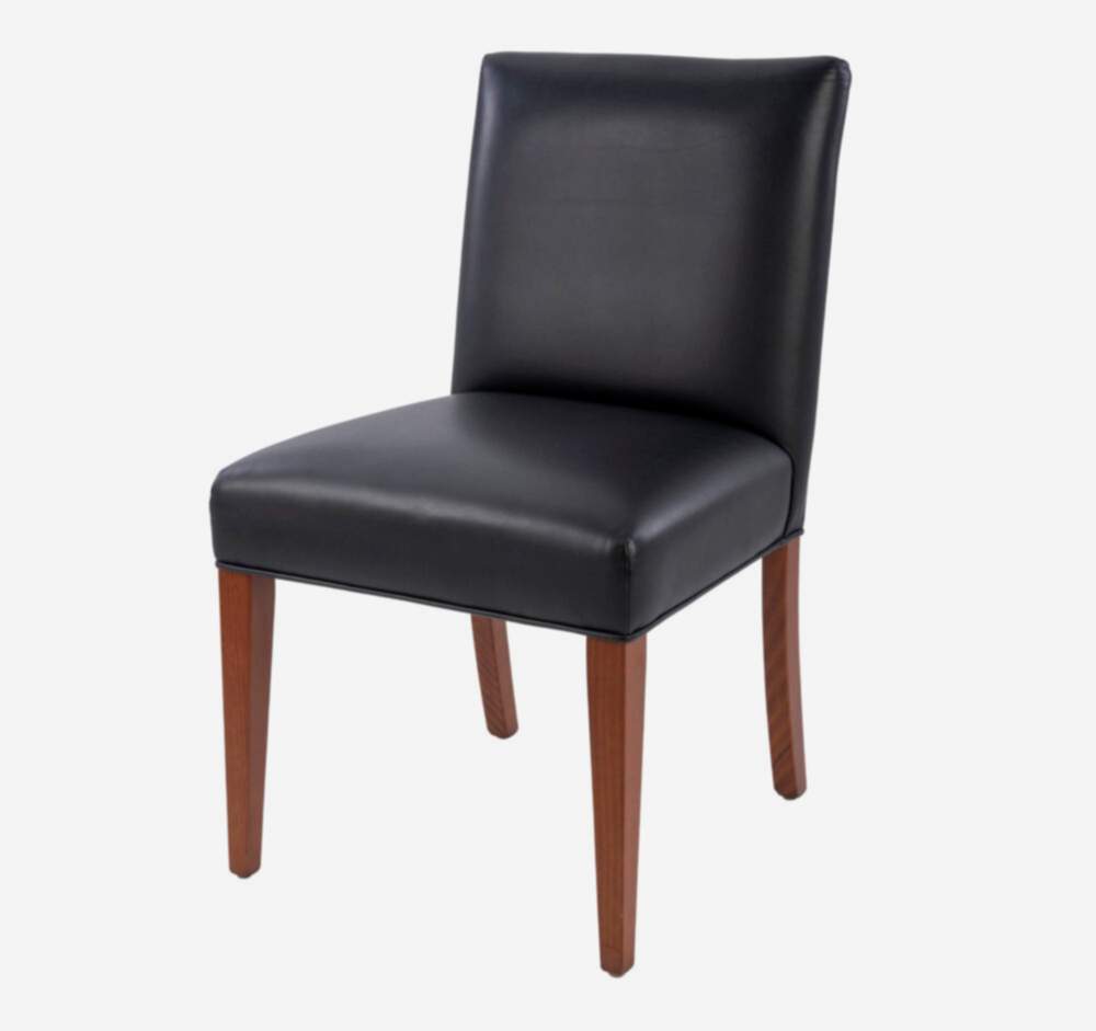 Adelaide, South Australian made solid timber Leone Low Back premium dining chair upholstered in black leather, view of front.