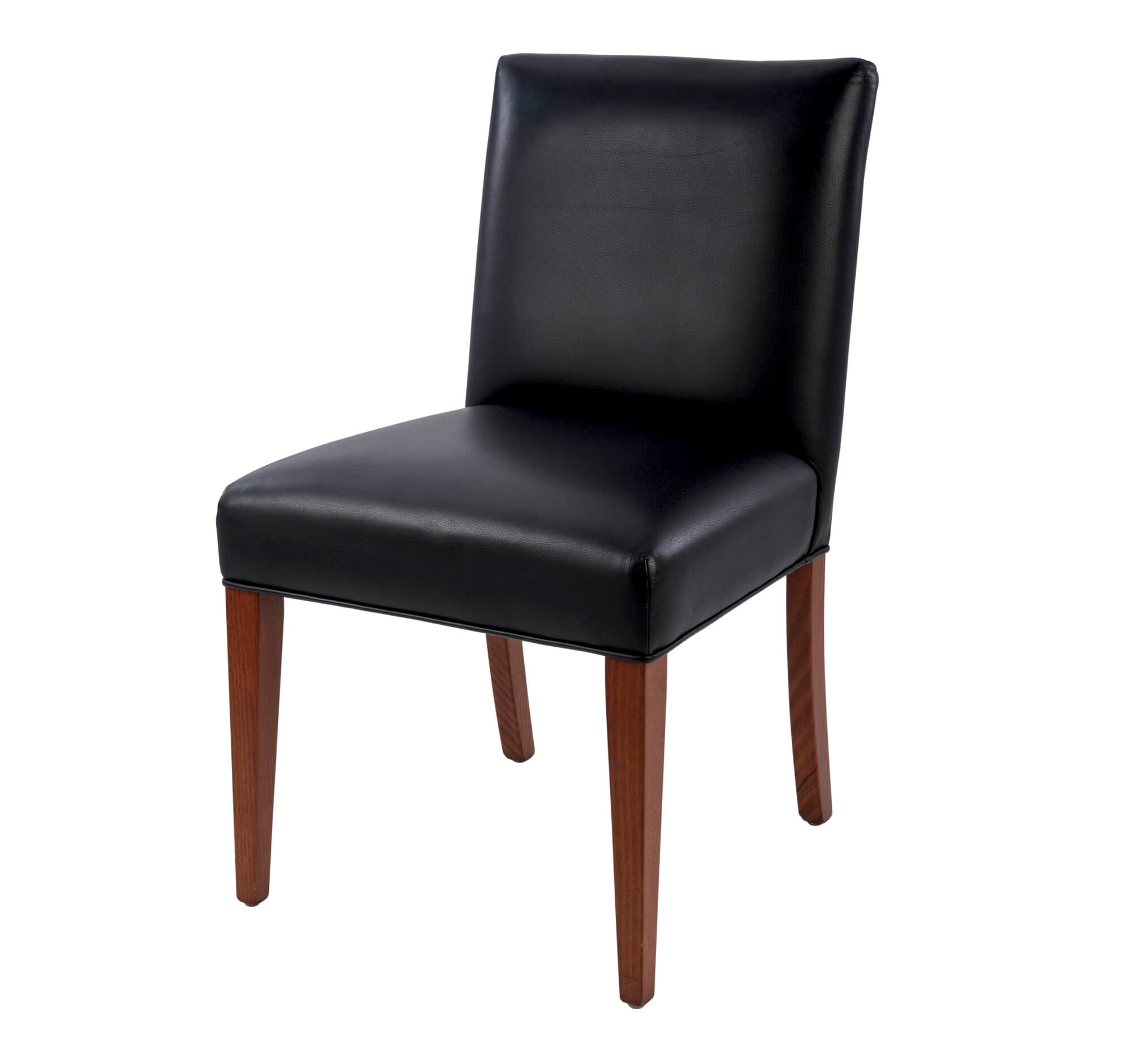 Adelaide, South Australian made solid timber Leone Low Back premium dining chair upholstered in black leather, view of front.
