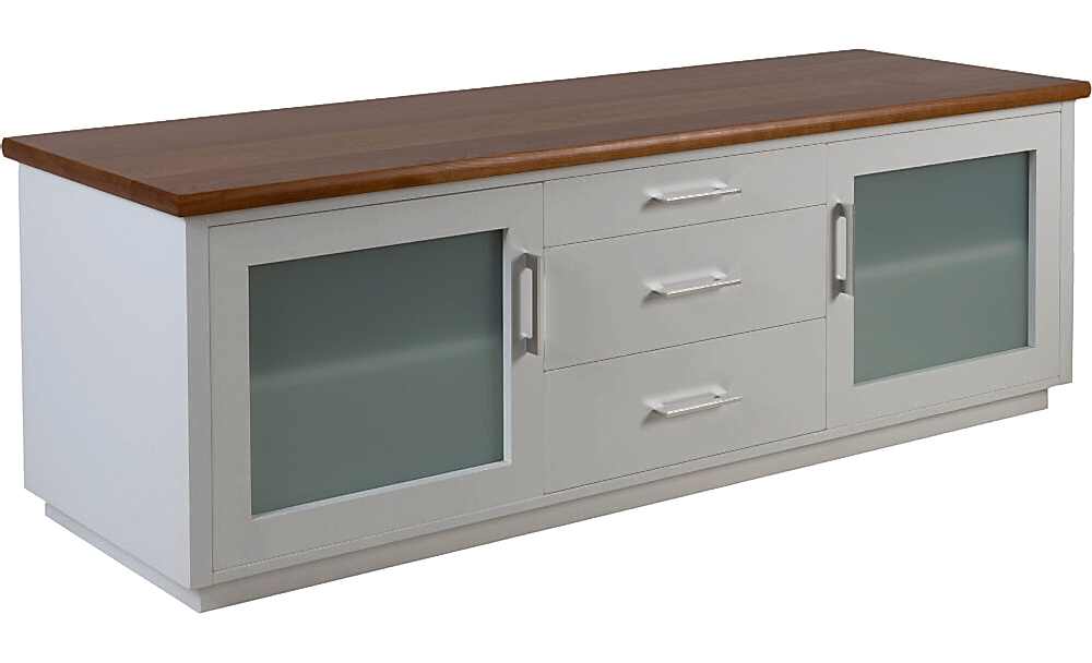 Custom TV Unit with White painted front, Glass cupboard & Wood Top