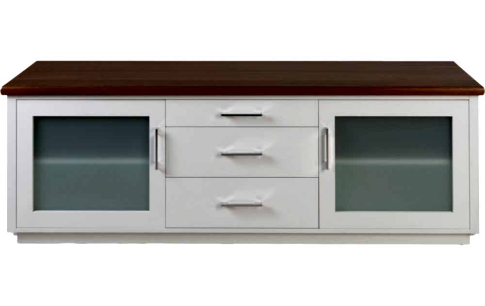 Custom TV Unit with White painted front, Glass cupboard & Wood Top