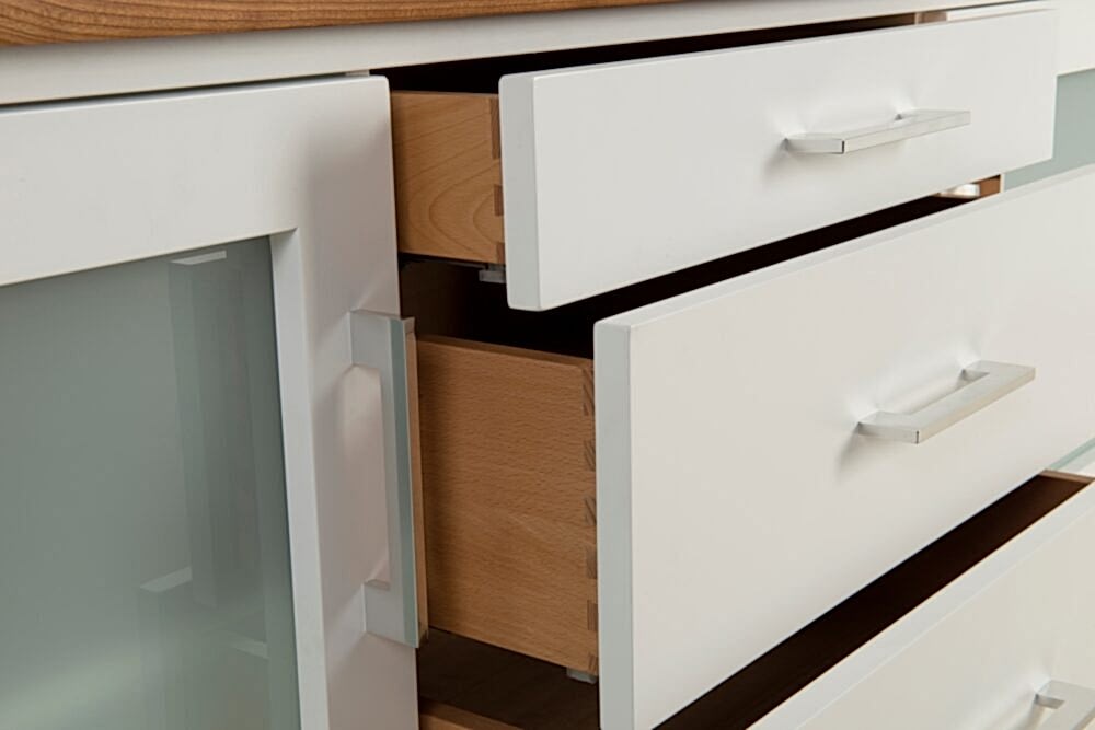Custom TV Unit with White painted front, Frosted Glass cupboard doors & 3 dovetailed timber drawers