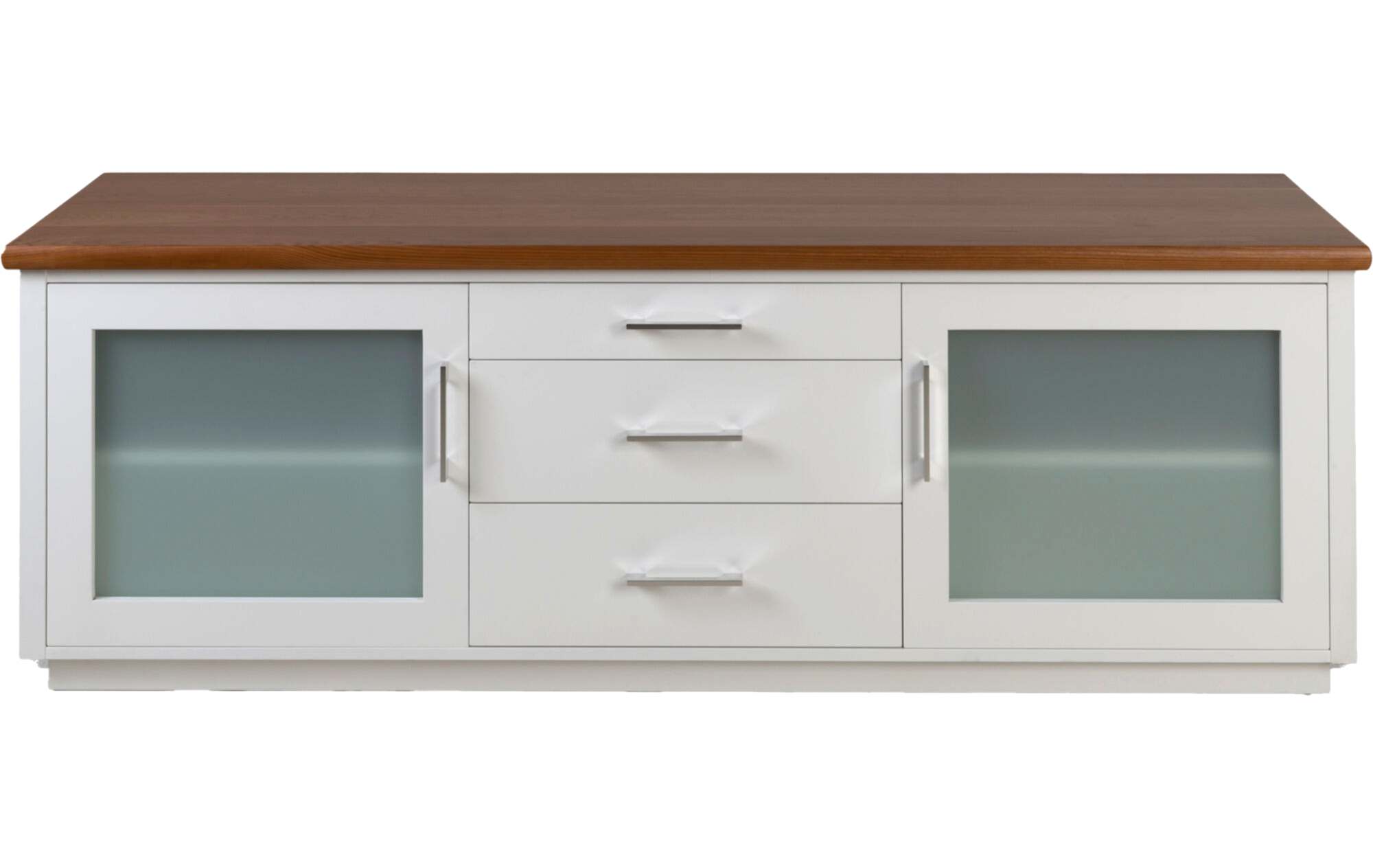 Custom TV Unit with White painted front, Glass cupboard & Wood Top