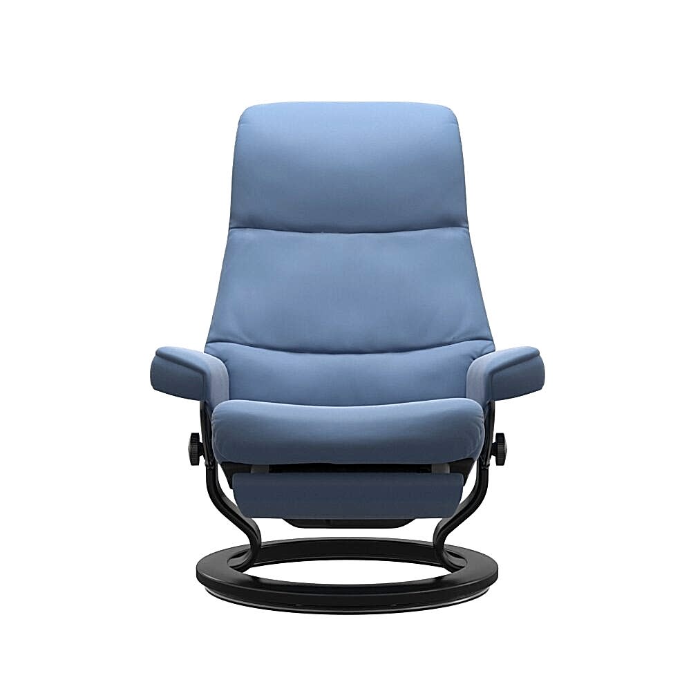 Stressless View Power Leg and Back Recliner with Batick Lazuli Blue Leather and Black Stain wood Base