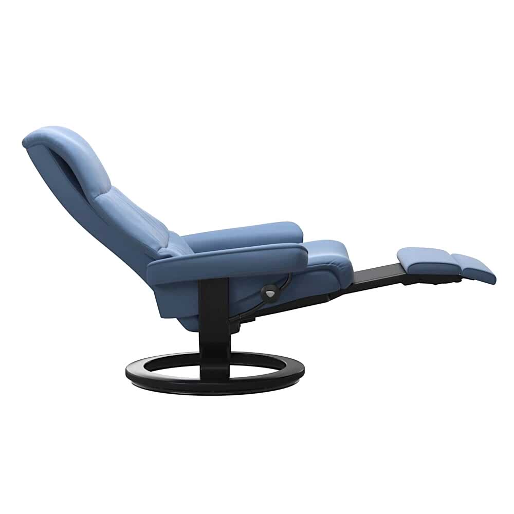 Stressless View Power Leg and Back Recliner with Batick Lazuli Blue Leather and Black Stain wood Base