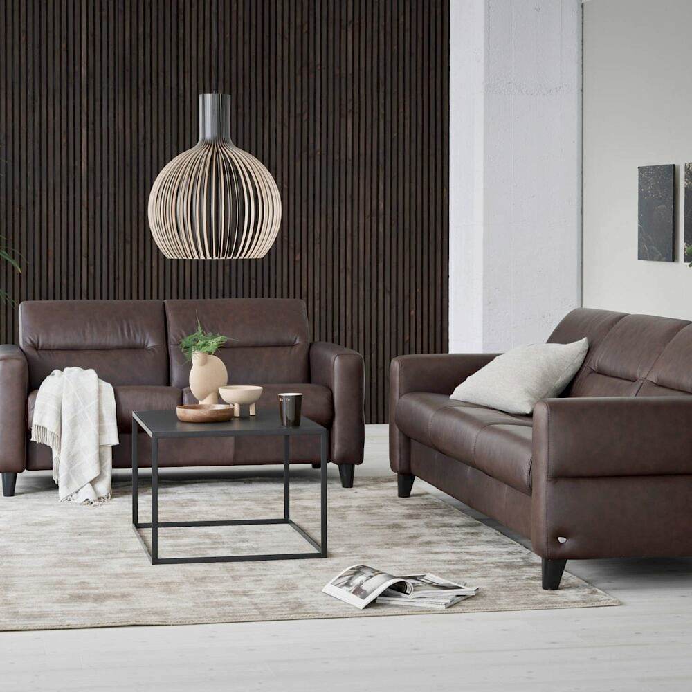 Stressless Fiona Sofa 2 seater and 3 seater, chocolate leather, upholstered arms black wooden legs