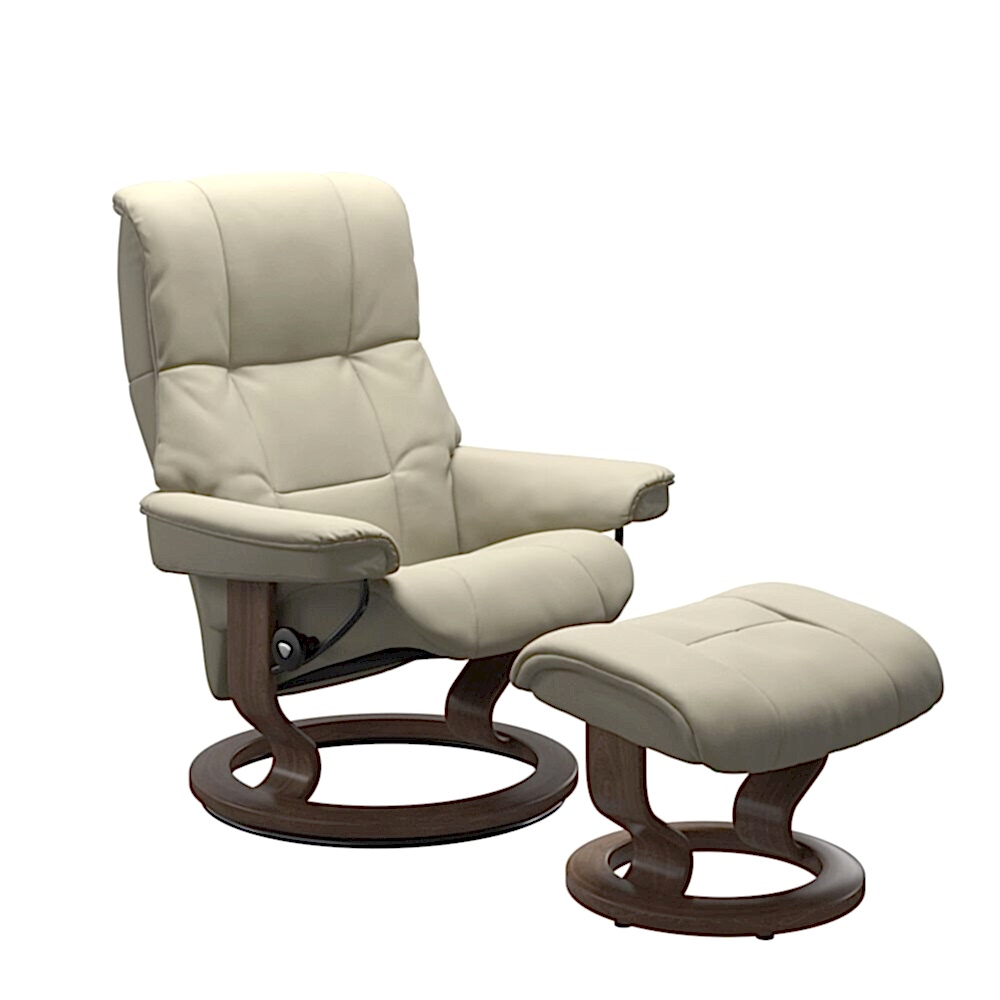Stressless Mayfair Recliner Signature Base Walnut Wood, Polished Aluminium Metal and White Leather.