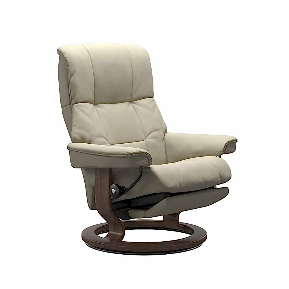 Stressless Mayfair Recliner Motorised Base Walnut Wood and White Leather.