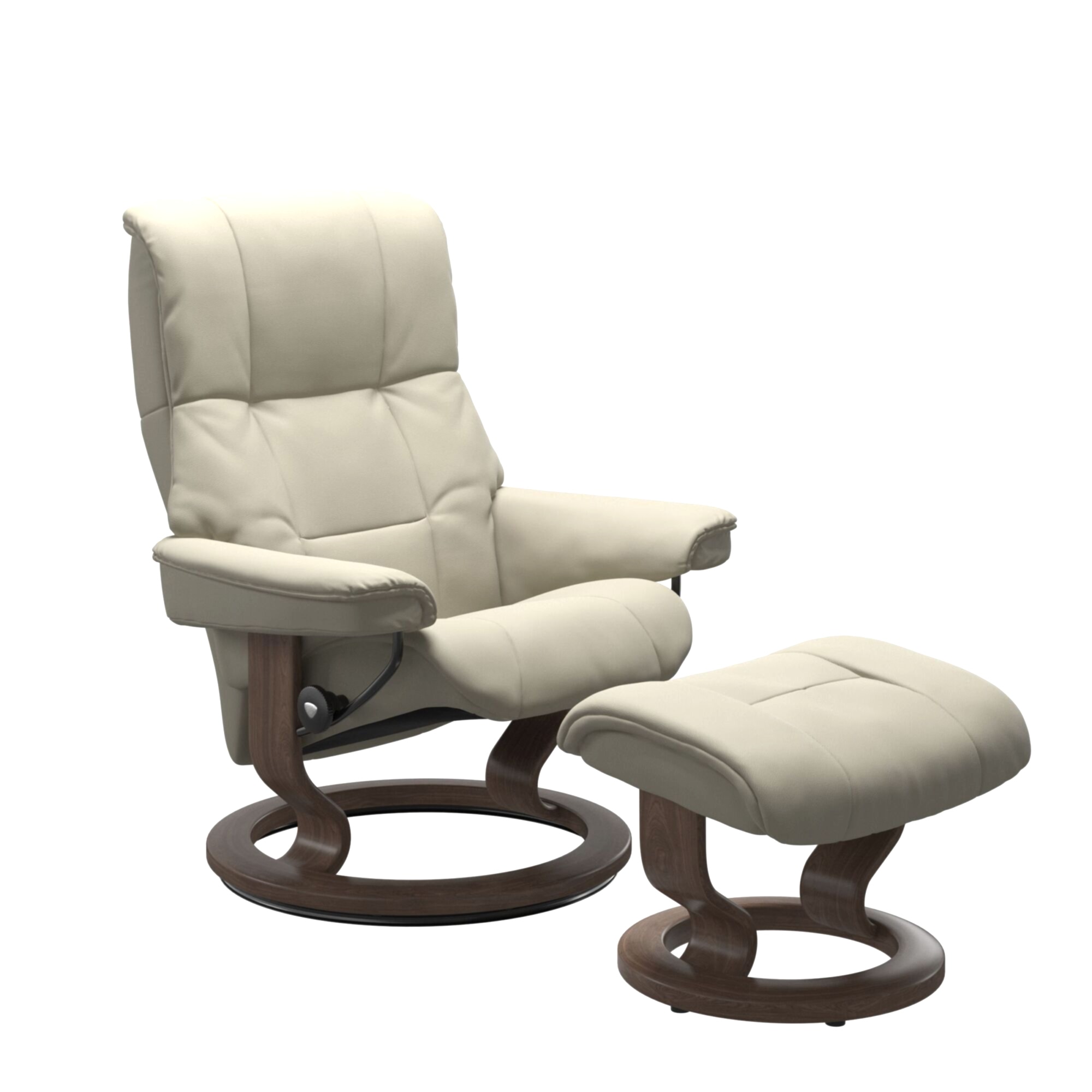 Stressless Mayfair Recliner Signature Base Walnut Wood, Polished Aluminium Metal and White Leather.