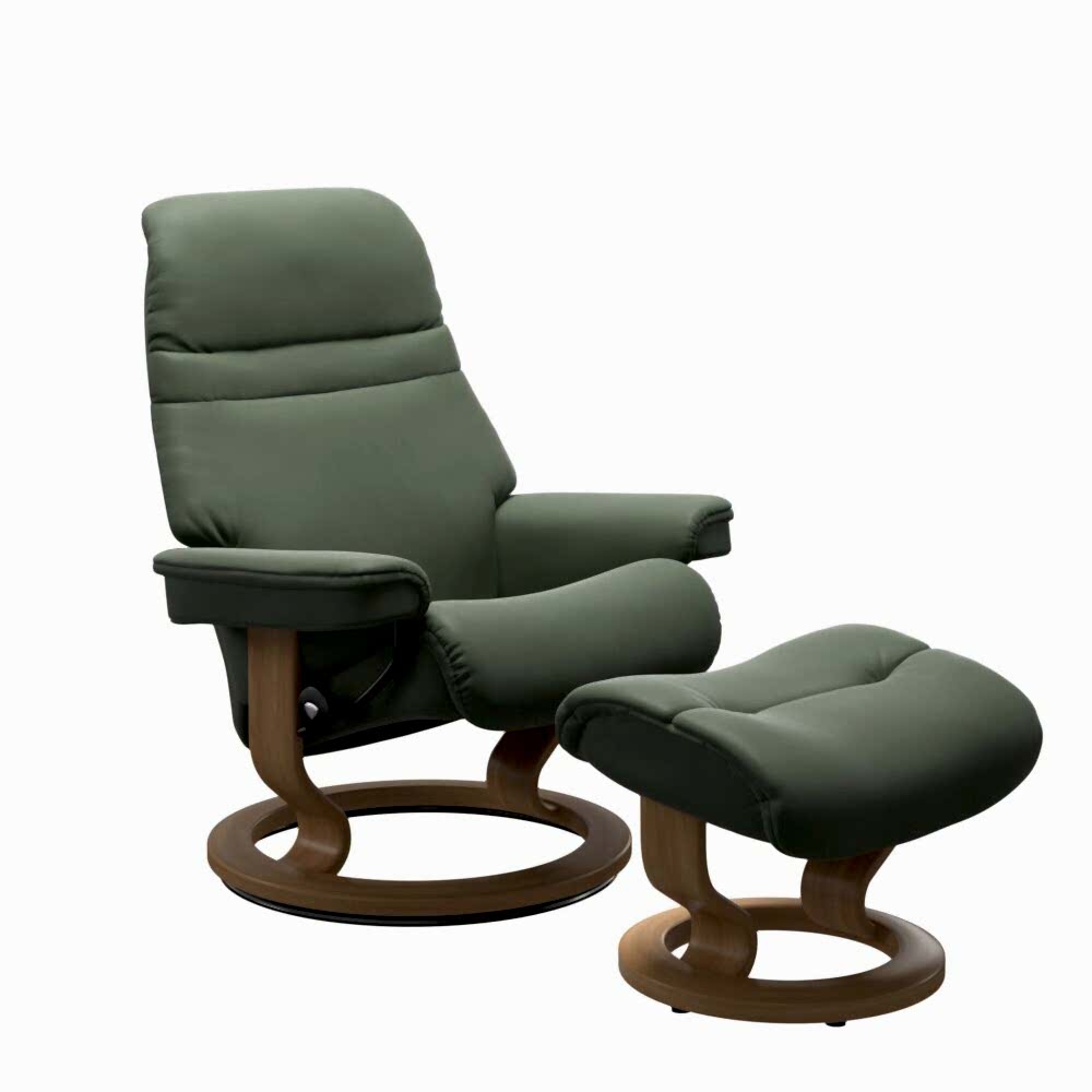 Stressless Sunrise Recliner Classic Base Oak Wood and Green Leather.