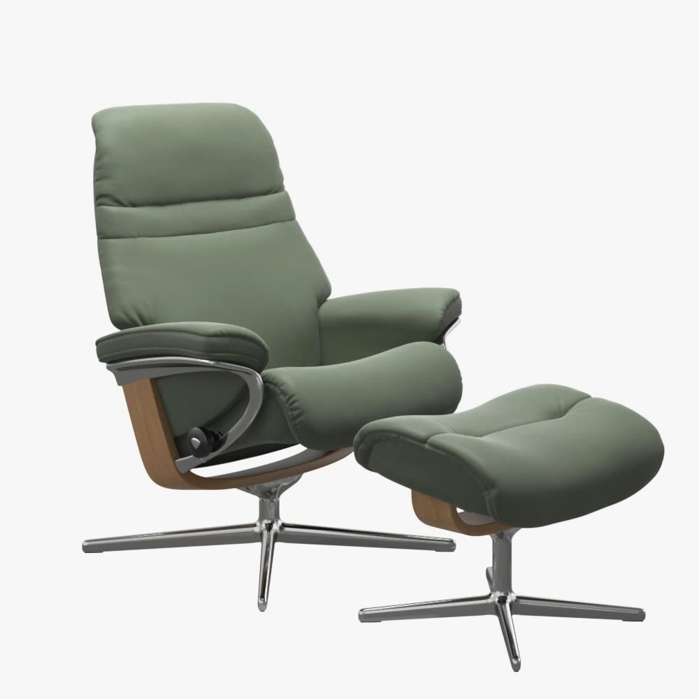 Stressless Sunrise Recliner Cross Base Oak Wood, Aluminium Metal and Green Leather.