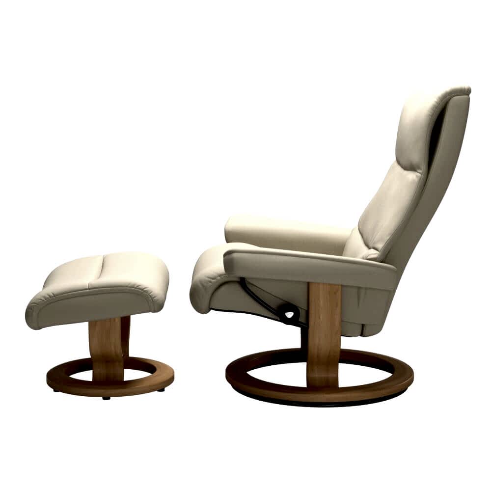Stressless View Classic Base Recliner with Cori Leather Light Cream White Wood Oak