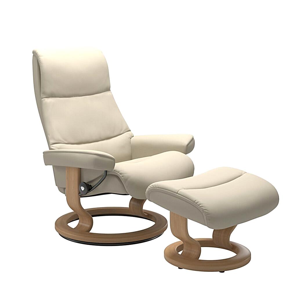 Stressless View Classic Base Recliner with Cori Leather Light Cream White Wood Oak