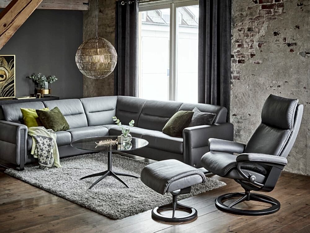 Stressless Aura Signature Base Paloma Leather Dark Black Rock Aluminium Metal Black Wood
