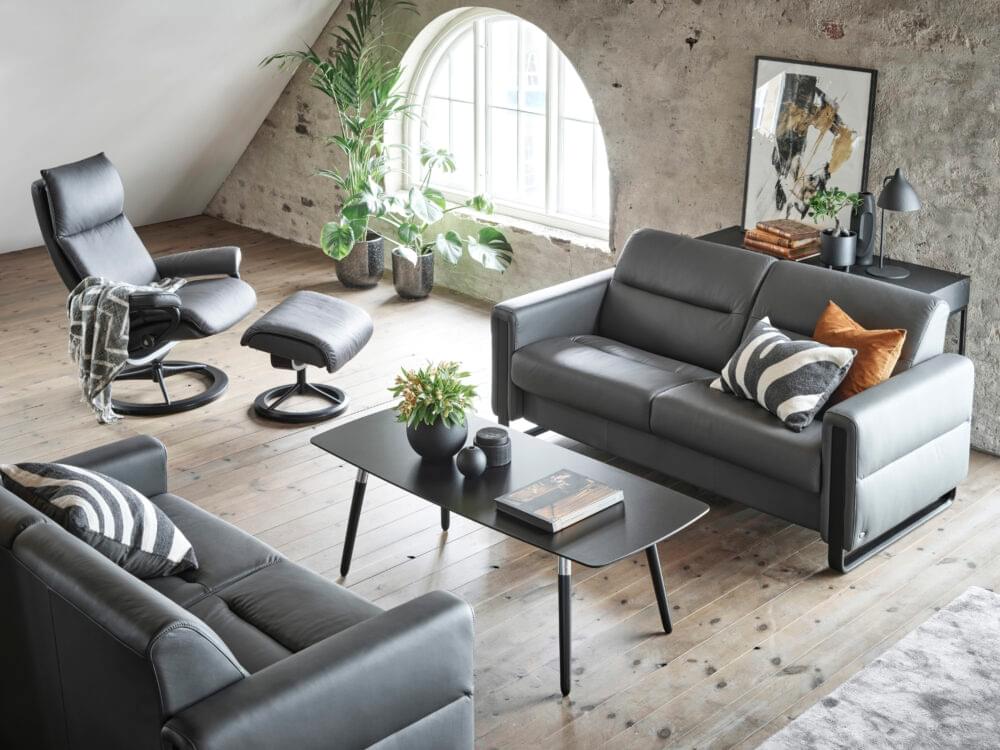 Stressless Aura Signature Base Paloma Leather Dark Black Rock Aluminium Metal Black Wood