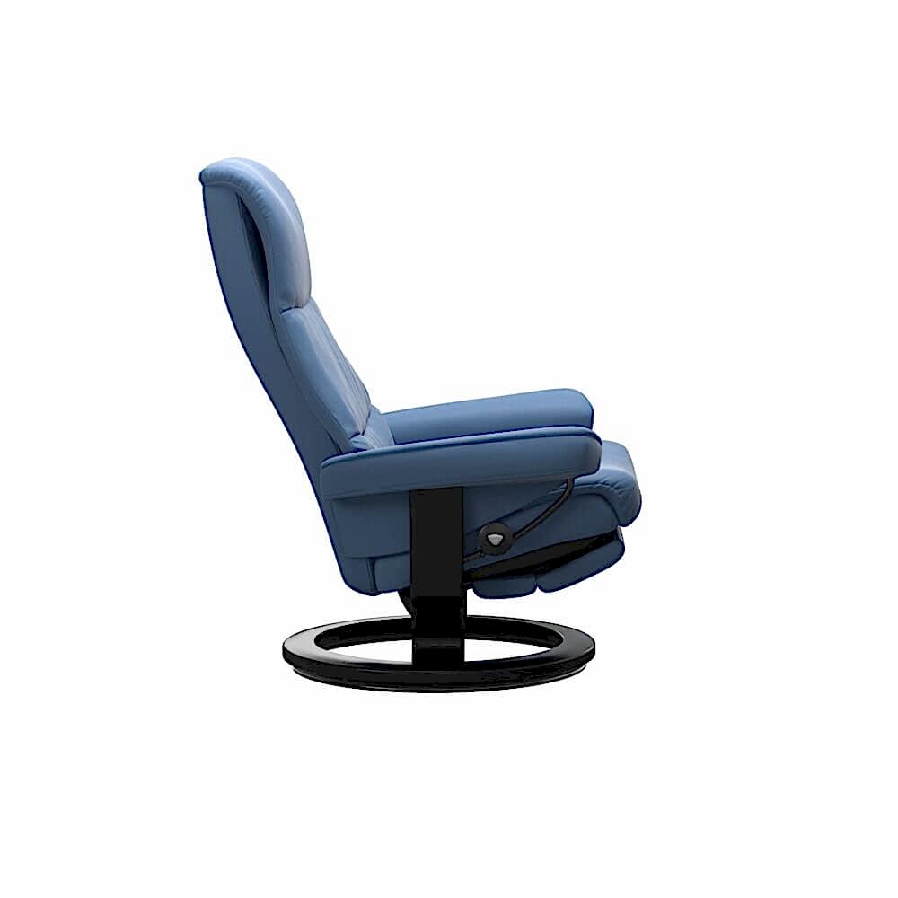 Stressless View Power Leg and Back Recliner with Batick Lazuli Blue Leather and Black Stain wood Base