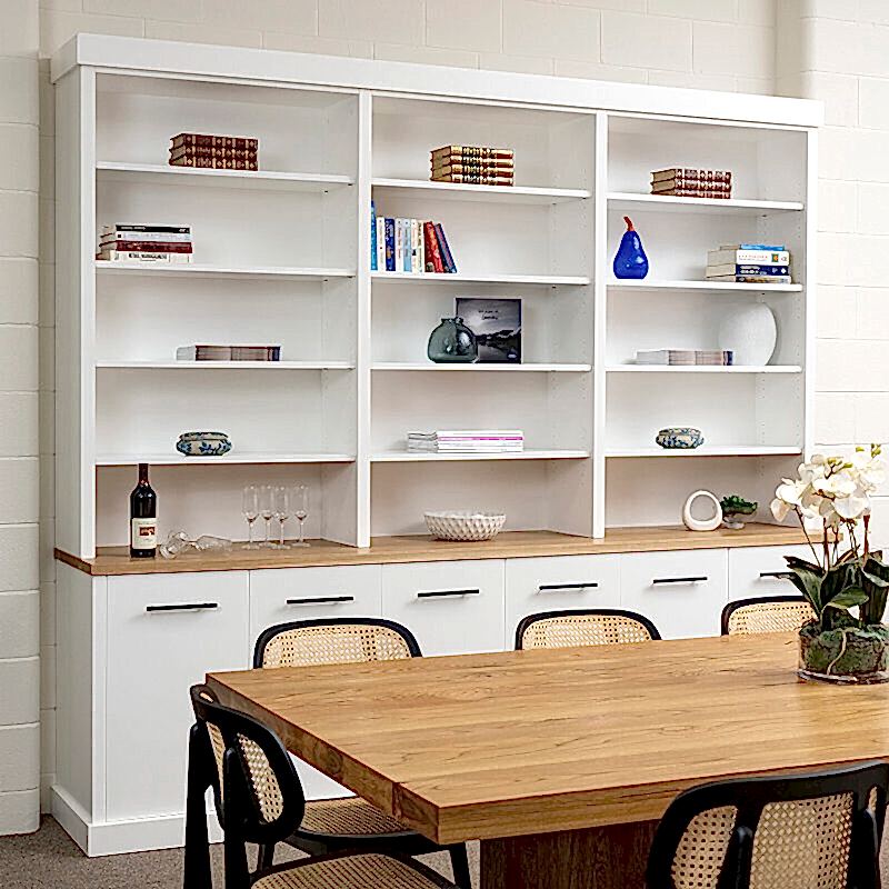 Dining room with white custom bookshelves adelaide